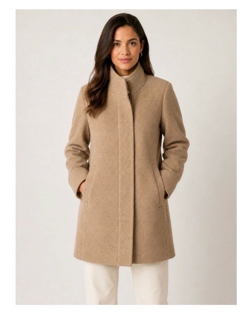 J.Crew City Coat Size 2 Camel Tan Wool Blend Funnel Neck Zip Classic